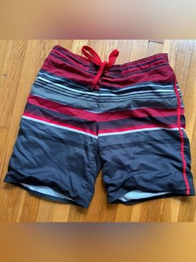 Men's Red and Black Striped Swim Trunks Sz L